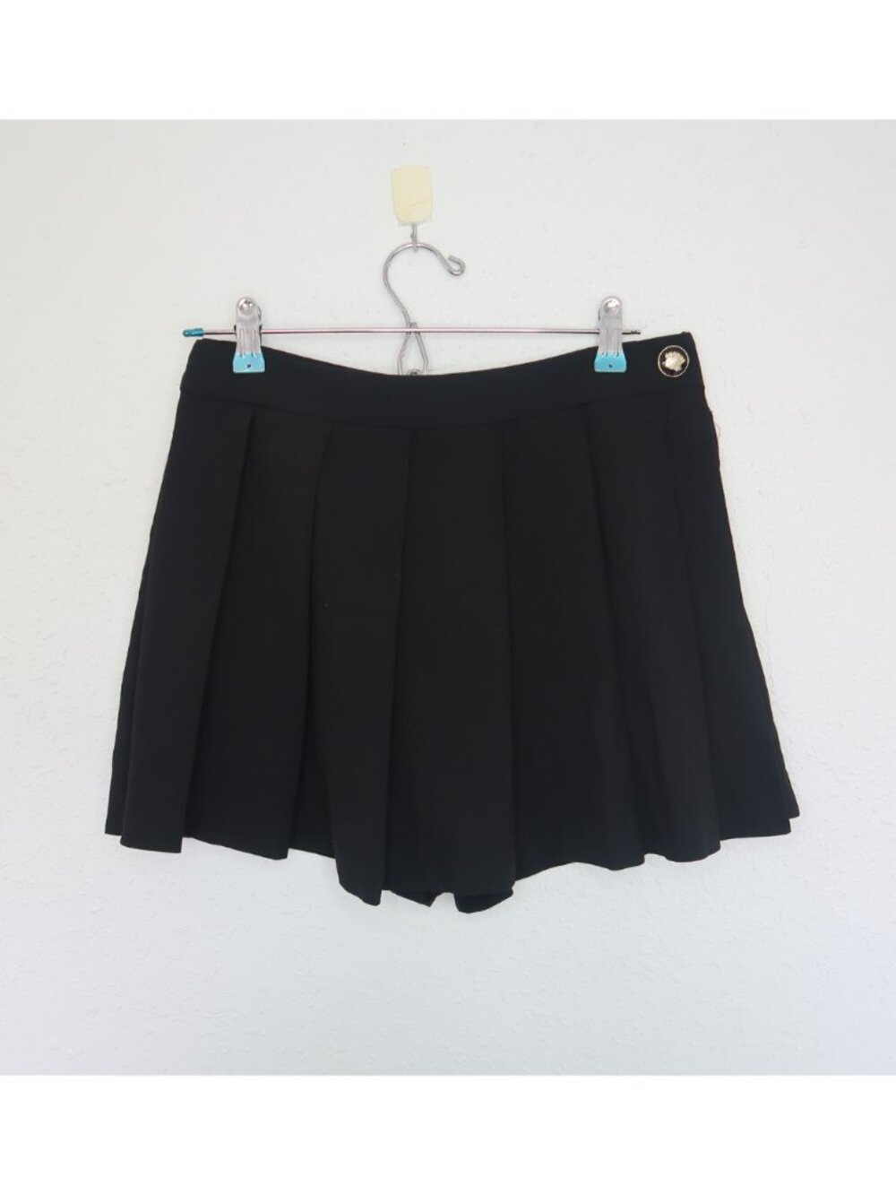 Zara Black High-Waisted Pleated Mini Skort Gold Button Detail